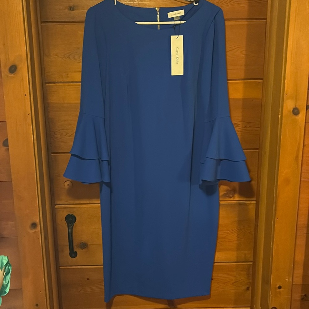 Calvin Klein Royal Blue Long Sleeve Ruffle Dress